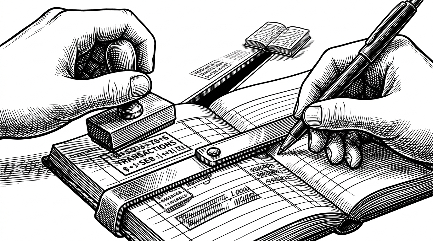 A close-up shows a stamped ledger line being sealed while a second hand tries to write the same balance entry. A locking bar blocks the second hand, while a small replica ledger in the background receives a delayed copy. The image explains how row-level locks prevent double spending while replication stays behind the primary.