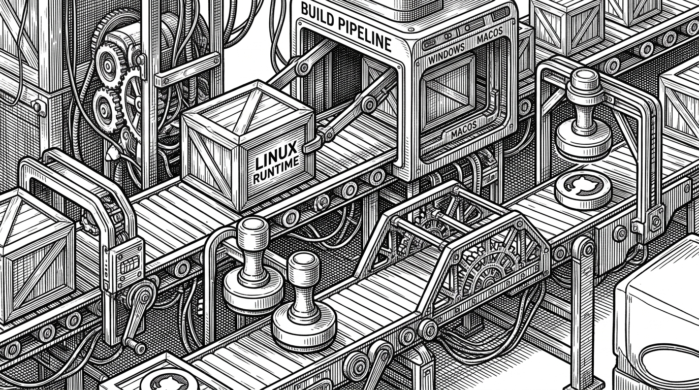 A close-up shipping line feeds a Linux runtime crate into a CI conveyor with GitHub Actions style checkpoints. One lane diverts through a bridge module before the final app bundle closes, showing how the runtime is packaged as part of the build rather than bolted on afterward.