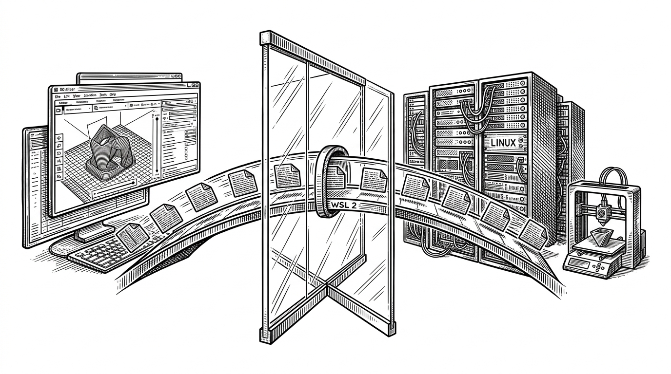 A desktop slicer interface sits on one side of a glass barrier while a small Linux runtime room sits on the other. A narrow tunnel labeled WSL 2 carries packets between them, and a printer beyond the barrier receives the job. The scene explains that cloud connectivity is restored by routing networking through a Linux bridge instead of rewriting the stack natively.