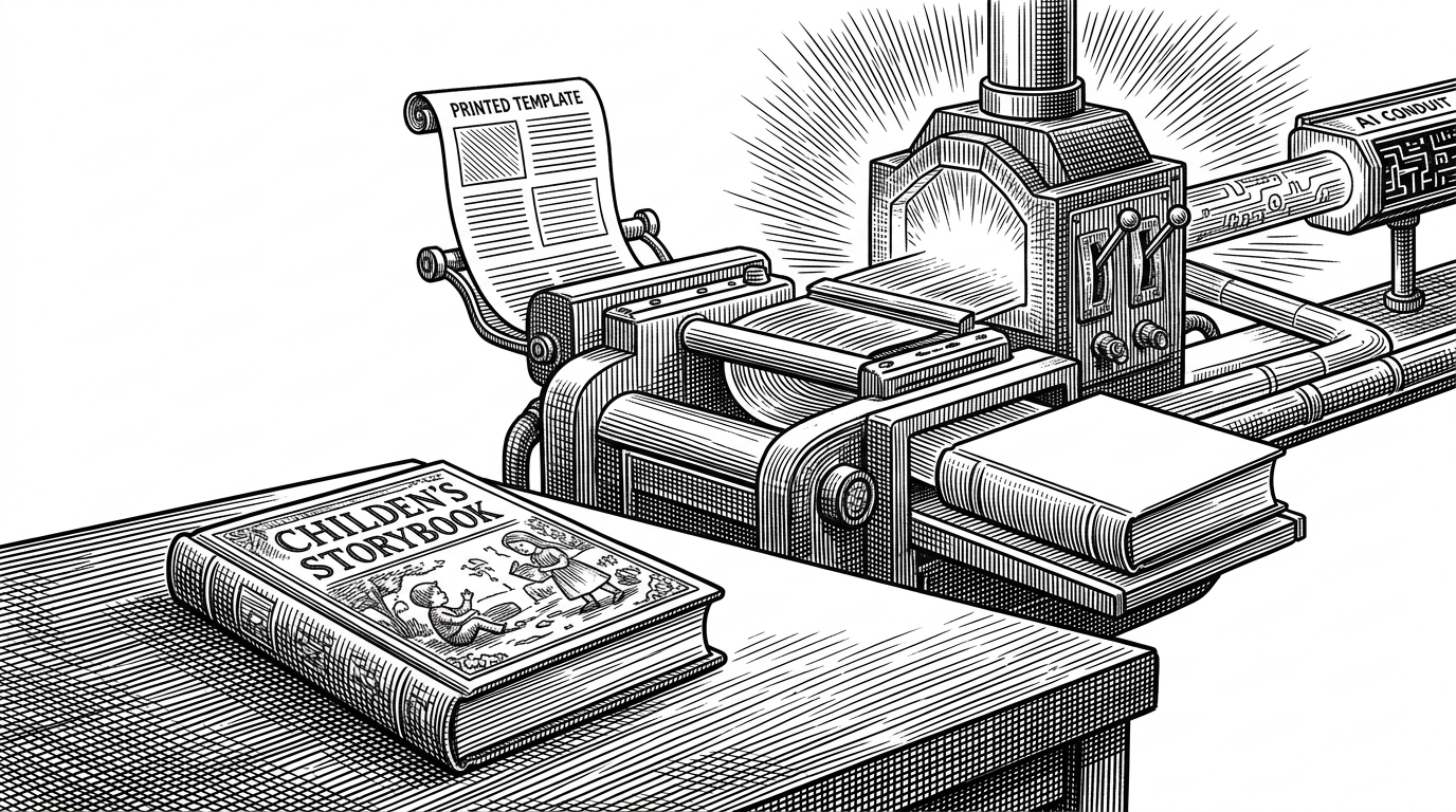 A child’s finished storybook sits in the foreground while a layered machine assembles it behind the scenes. One feed routes through a template scroll, another through an AI model conduit, and a third into an image forge with backup levers, showing how the app keeps producing a complete book even when one path fails.