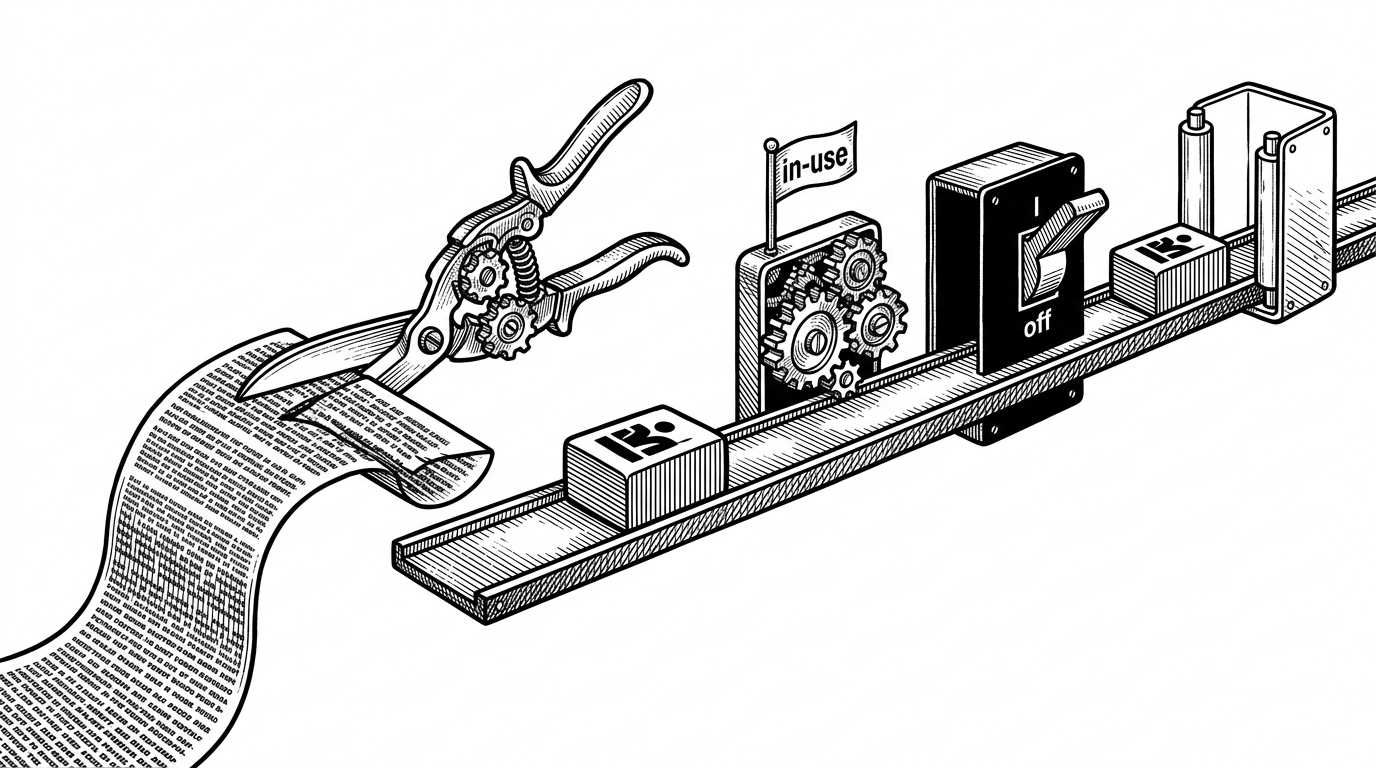 A long strip of story text is being sliced into a compact scene prompt by mechanical shears, then pushed along a rail toward three interchangeable image stations. One station is active, one is busy, and one is offline, but the prompt keeps moving to the next available path.