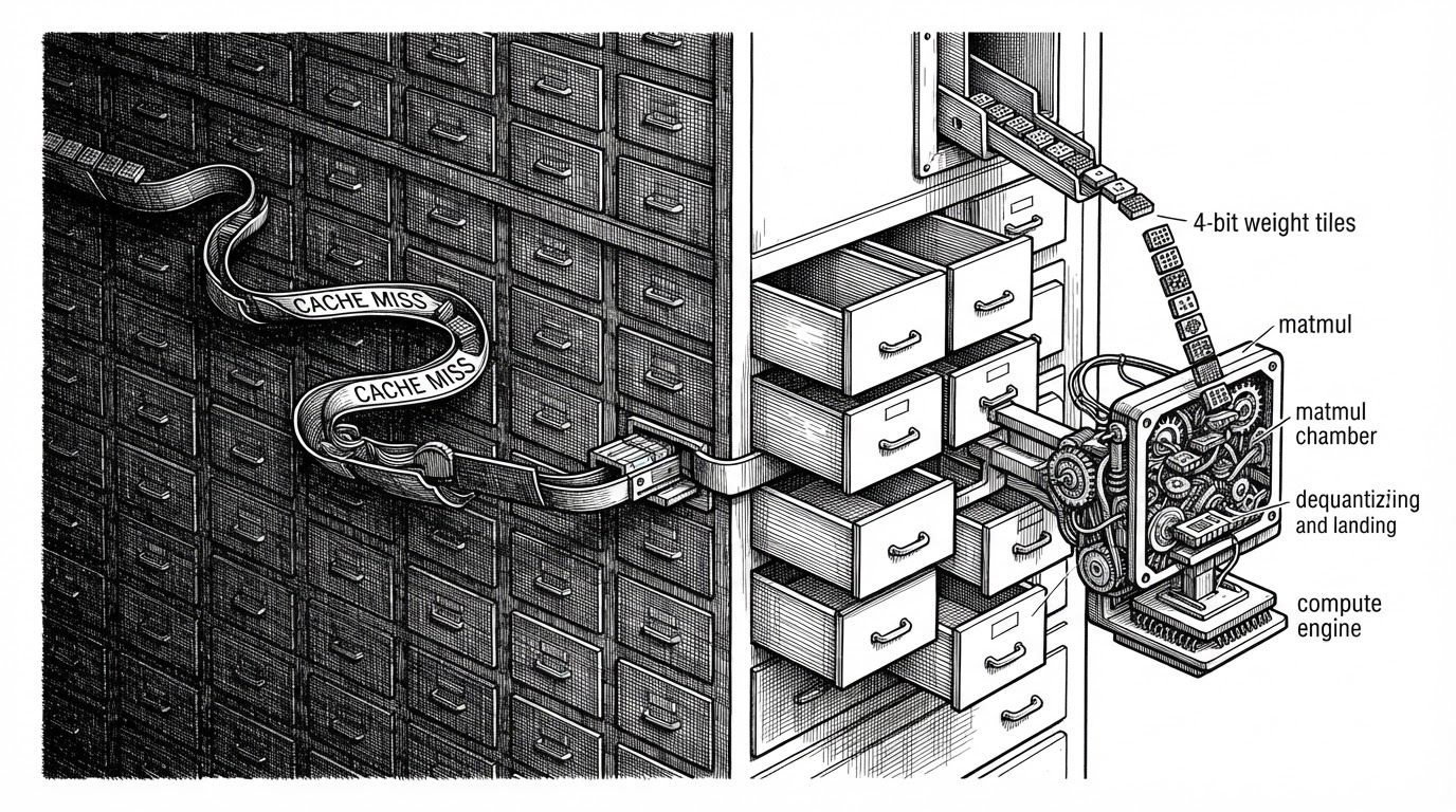 A close-up of a routing mechanism selects a handful of drawers from a large grid of expert slots. Some drawers are lit and open in the foreground while most remain closed and dark, and a thin strip of dequantized weight tiles slides from storage into a compact compute chamber. The scene explains how sparse expert selection, caching, and on-the-fly dequantization work together.