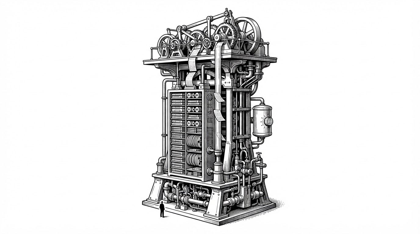 A giant mechanical inference engine rises in stacked tiers, with a narrow compute deck above and a tall streaming storage rack below. A small RAM reservoir sits beside it like a control knob, showing that memory is a variable rather than a wall. The scene explains the project's core idea: scale is managed by moving weights through tiers on demand.