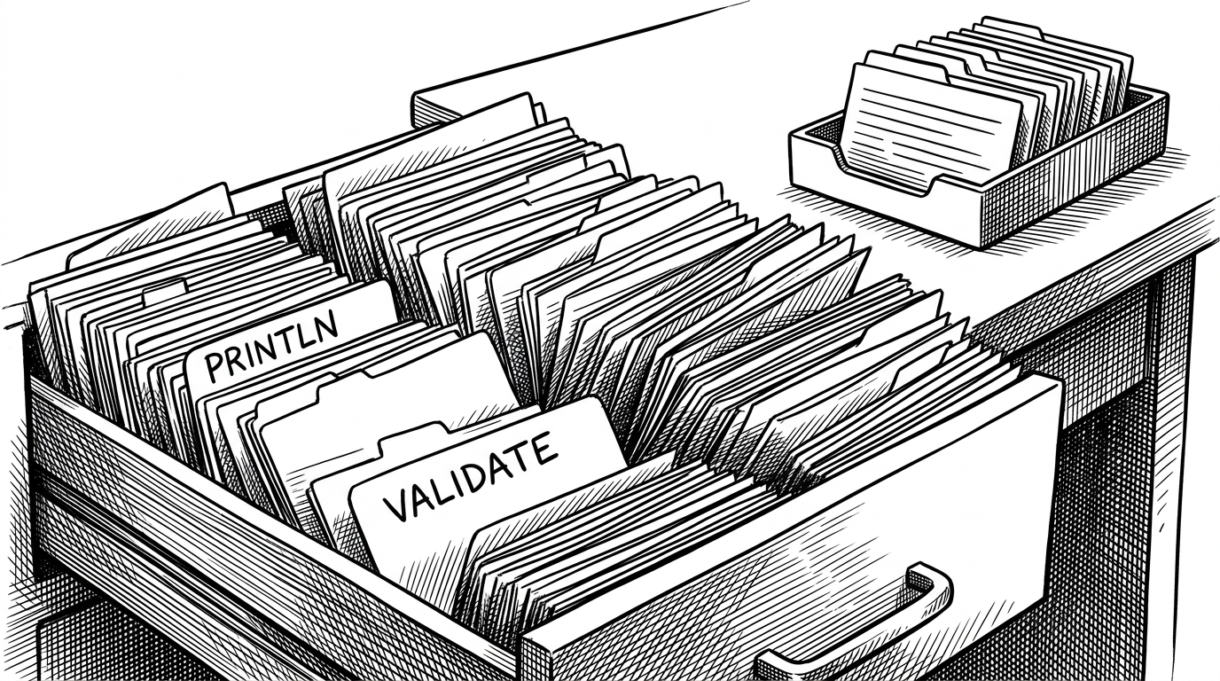 A close-up view of a crowded drawer labeled as the browser’s global namespace, with helpful cards like println and validate spilling into a desk. A smaller neat tray on the side suggests a strict module system. The image explains how GlintCode’s convenience comes from exposing functions globally, which is powerful but messy.