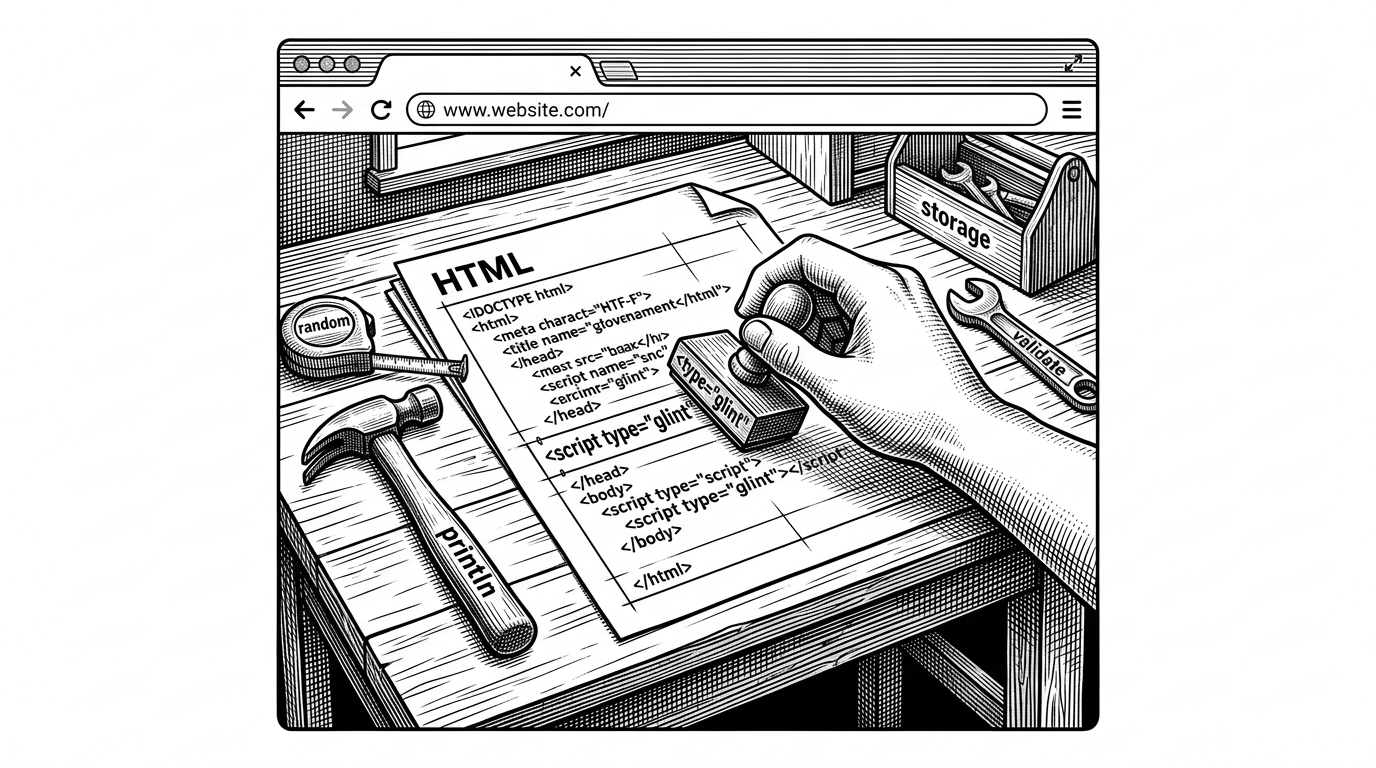 A browser window rendered like a small workshop, with an HTML file spread across a desk and a hand stamping a script tag marked type="glint". Around it sit hand-drawn tools labeled println, random, validate, and storage. The scene explains GlintCode’s core pitch: the browser becomes a scripting environment, not just a place to load JavaScript libraries.