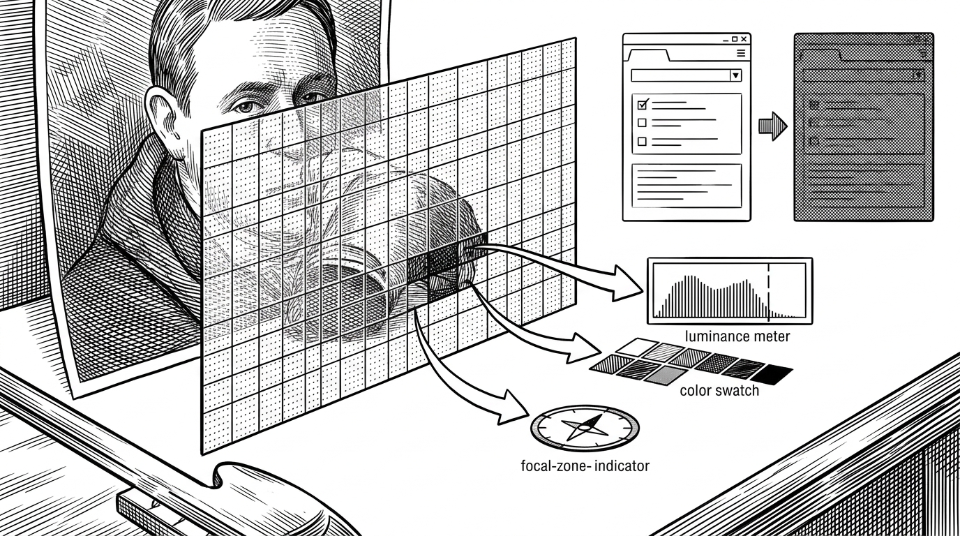 A close-up shows a background image being sampled like a specimen under a laboratory lens. Tiny pixel dots fall into a canvas grid, and three outputs emerge beside it: a luminance meter, an average color swatch, and a left-center-right focal-zone indicator. A UI panel shifts from bright to dim as the analysis changes, showing that the art is actively shaping readability decisions.