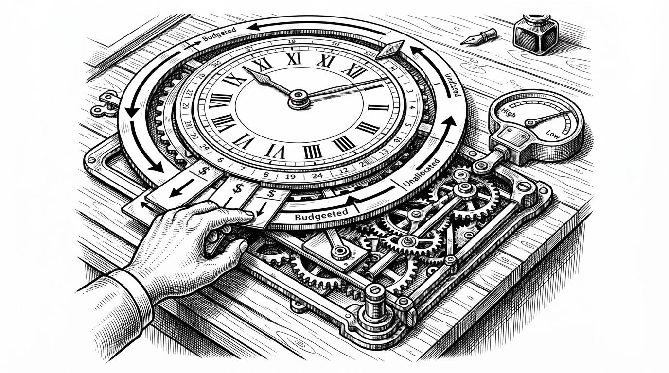 A close-up of a calendar dial, a transaction ledger, and a circular budget ring. One transaction tile is pulled backward in time while the cycle marker and spending gauge shift immediately, showing that budget status is recalculated from dates instead of preserved as a stale monthly total.