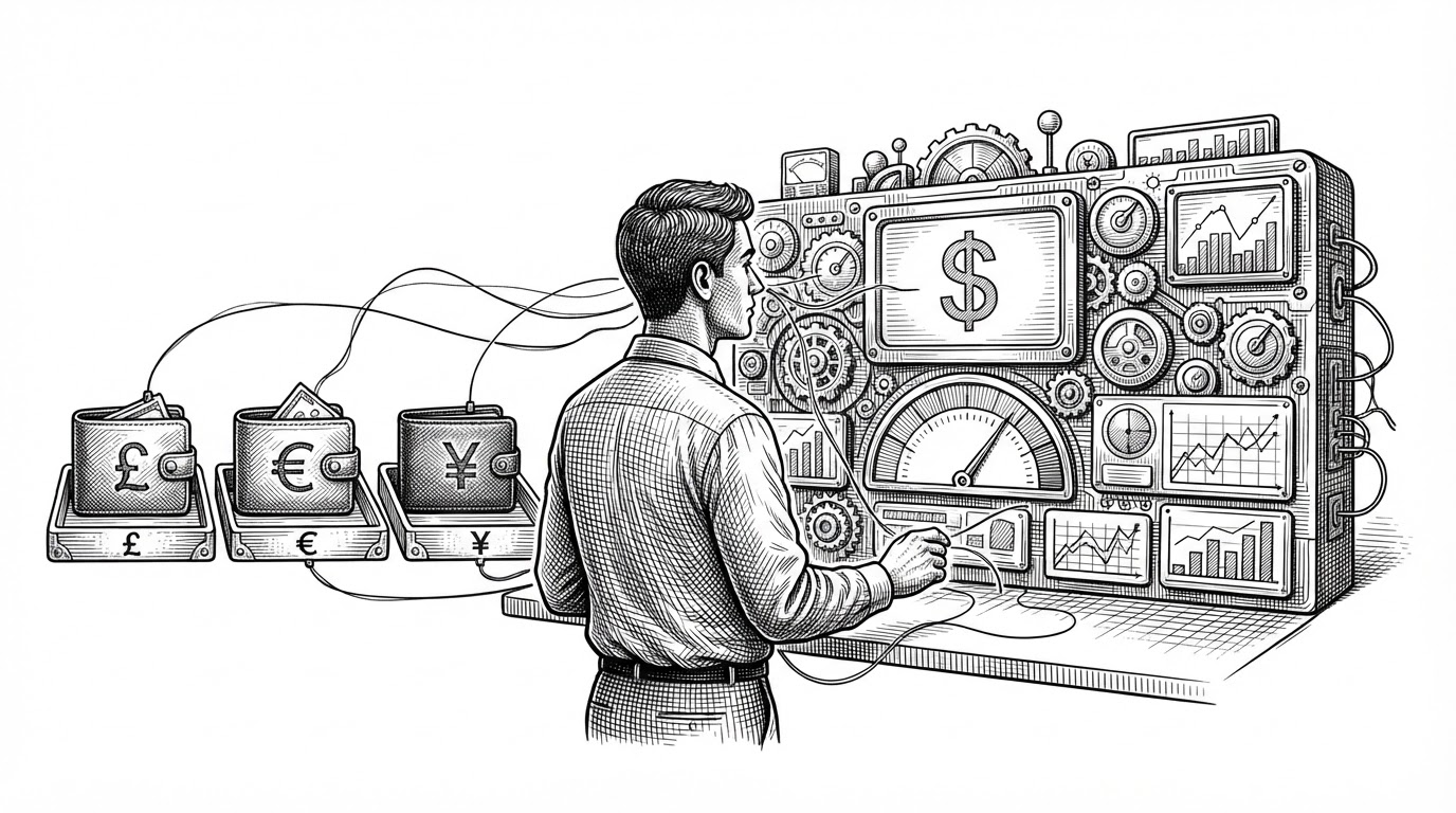 A wide control-room scene with a person facing a financial dashboard made of wallets, charts, and gauges. Three currency wallets feed into one unified display currency while live snapshot lines connect the user to the interface, explaining that the app computes its view of money instead of storing a frozen summary.