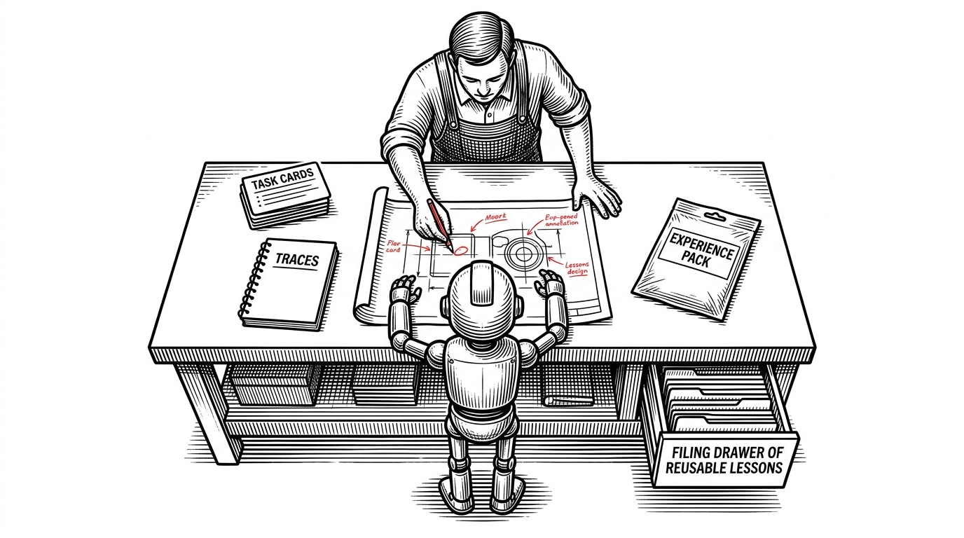 A wide workshop scene shows a small mechanical apprentice at a bench while a mentor figure marks up a blueprint overhead. Task cards, a trace notebook, and a filing drawer of reusable lessons surround the workbench, showing that output becomes training material. The scene explains the repo’s central idea: agent work is valuable because it can be reviewed and reused.