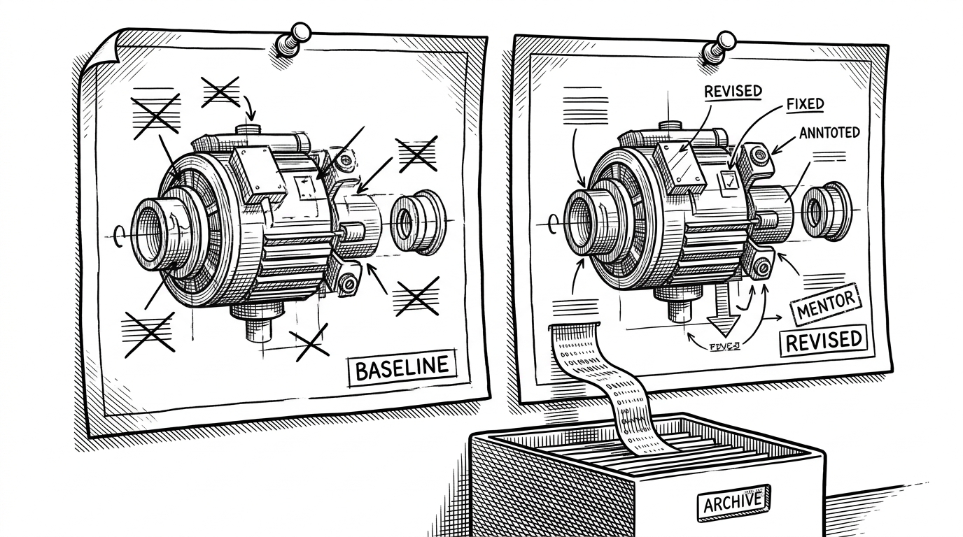 A close-up shows two technical drawings pinned side by side. The left sheet is rough, labeled baseline, with crossed-out arrows and missing pieces. The right sheet is cleaner and labeled revised, with annotations, a mentor stamp, and a ribbon of data flowing into an archive box. The image explains that the gap between first attempt and revised attempt is the valuable artifact.