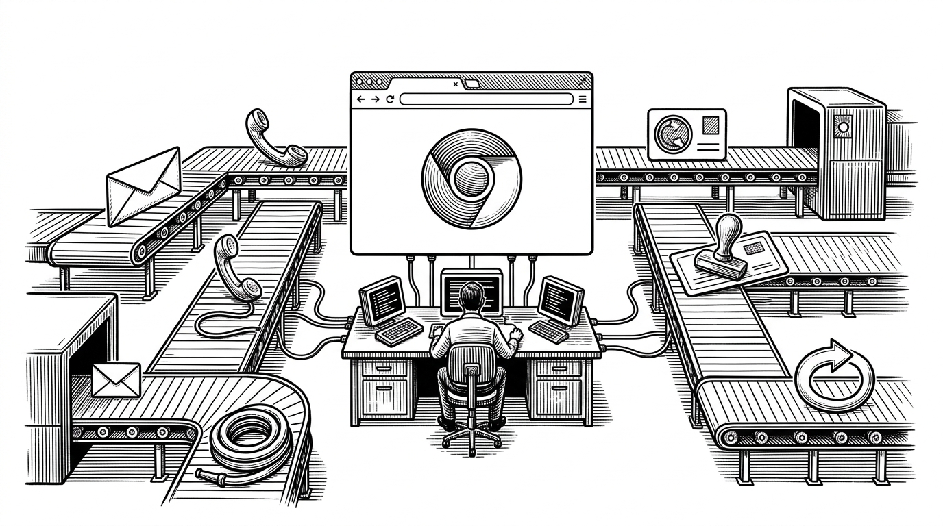 A wide factory floor with a browser window at the center, surrounded by conveyor belts carrying verification, session, proxy, and retry artifacts. The scene explains how the project treats browser automation as a coordinated system instead of a single script.