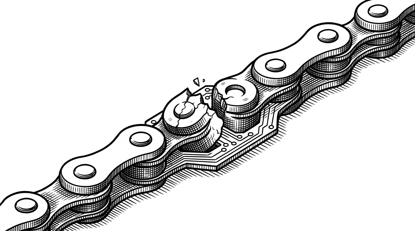 A close-up of linked metal nodes in a broken chain, with one segment marked as failed and a small bridge routing around it. The image explains how the system can resume from unfinished work instead of restarting from zero.