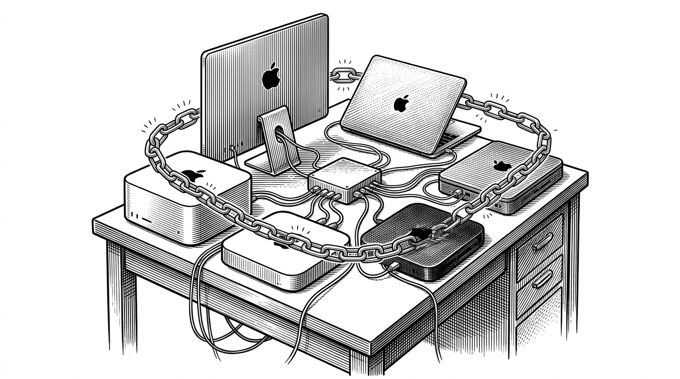 A wide editorial scene of mismatched Apple computers on a workbench, including a Mac Studio, a Mac mini, and a half-open laptop. One node is visibly darkened as failed, but the remaining machines keep passing a glowing token chain through a central coordination point. The image explains Skulk’s core idea: local AI cluster software that expects hardware to drop out and still keeps serving.