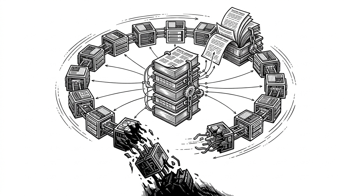 A close editorial illustration of a fractured ring of nodes around a central state ledger. One segment has broken away, but a new master is assembling from replicated pages while the remaining nodes keep passing work forward. The image explains how Skulk separates request flow from cluster state so failover can happen without losing the whole session.