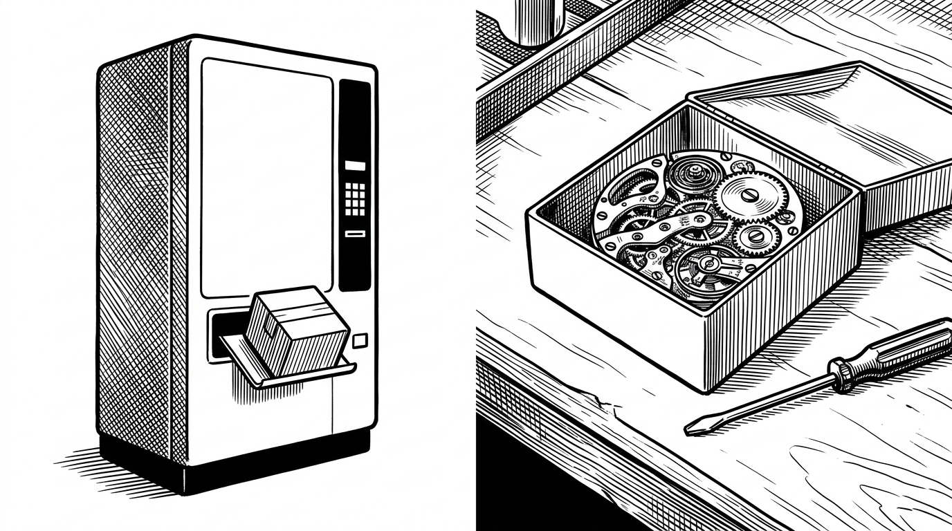 A split scene showing a mysterious vending machine next to an open workbench with visible clockwork.
