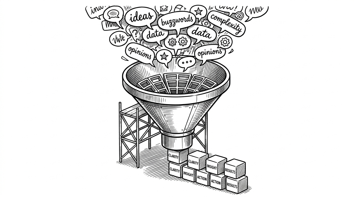 A funnel filtering chaotic word bubbles into uniform geometric cubes.
