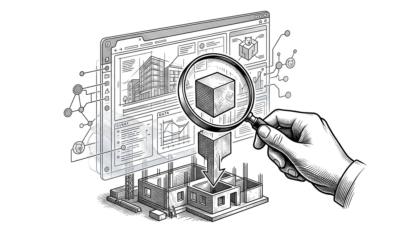 A ghostly translucent digital blueprint of a Discord server hovering over a physical construction site, with a hand holding a magnifying glass over a specific channel.