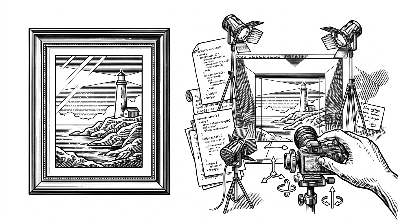 A side-by-side engraving-style comparison shows a sealed raster image on one side and an editable scene file on the other. The editable side includes visible camera, lighting, and object controls, emphasizing that the result can be changed after generation.