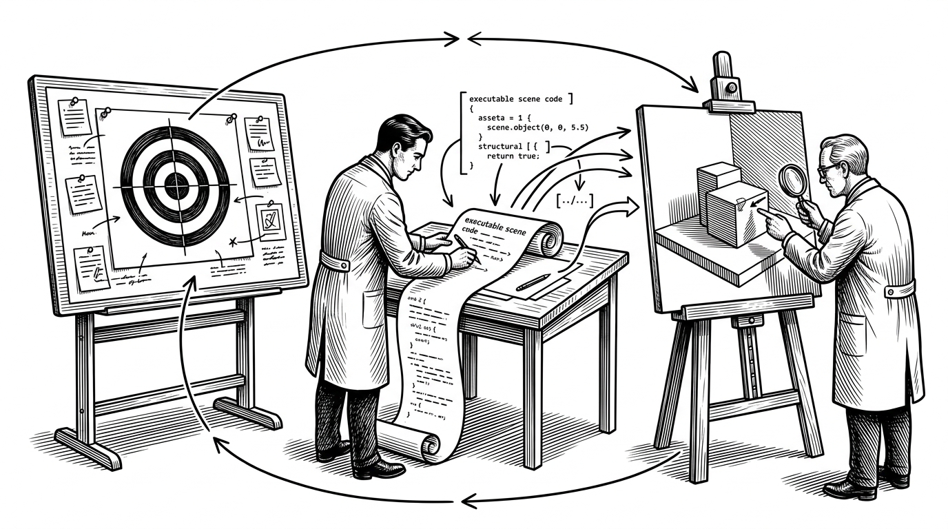 A wide editorial illustration shows a reconstruction loop in a visual debugging lab. A target image sits on the left, a generator writes scene code in the middle, and a verifier inspects a rendered scene on the right with a magnifying lens.