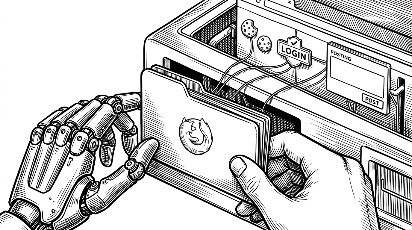 A close-up of a Firefox profile folder being slid into a browser machine like a cassette tape, with a mechanical hand and a human hand both touching the same control panel. The image explains how the project loads real session state into automation instead of logging in from scratch.