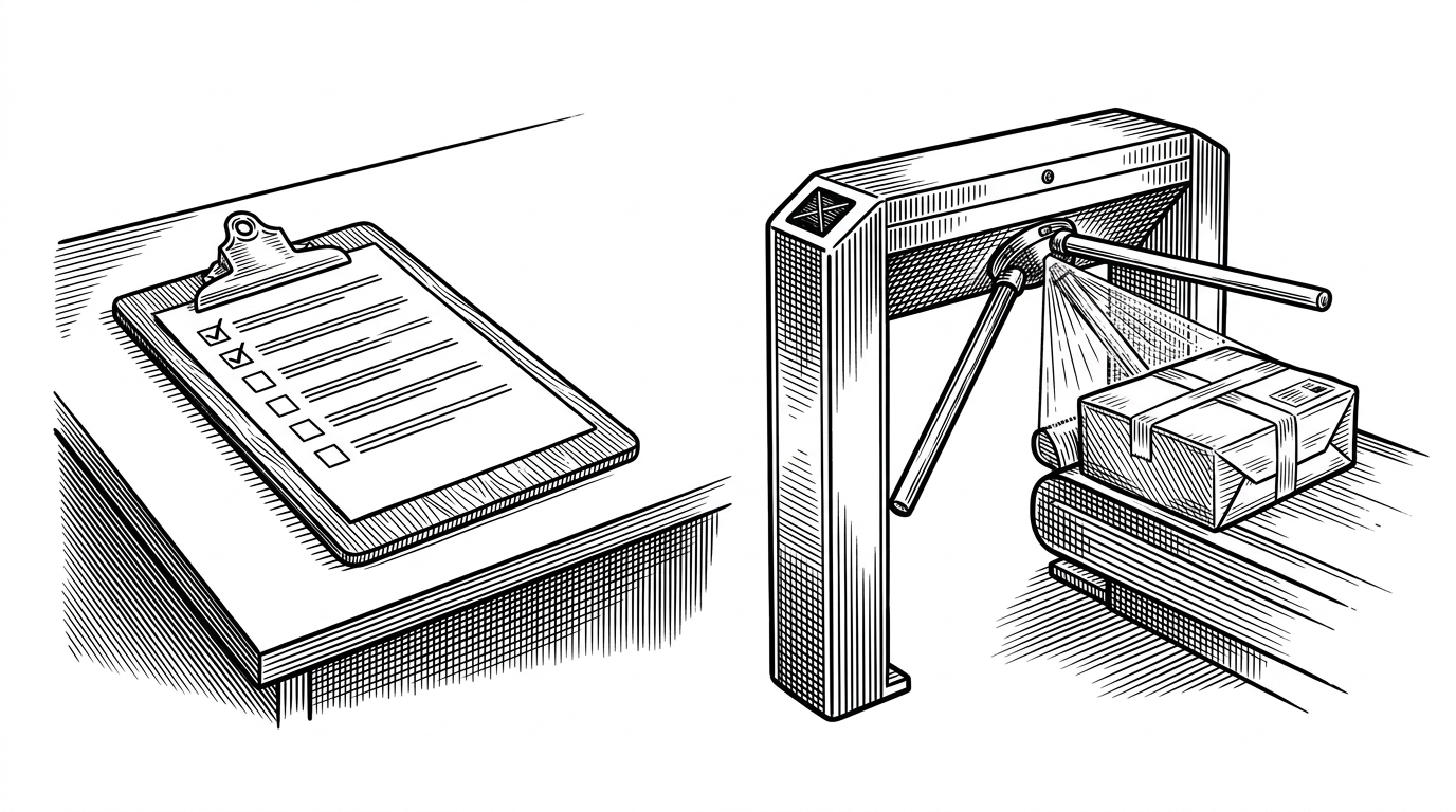 A split scene comparing a passive checklist on a desk to an active industrial turnstile scanning a package.
