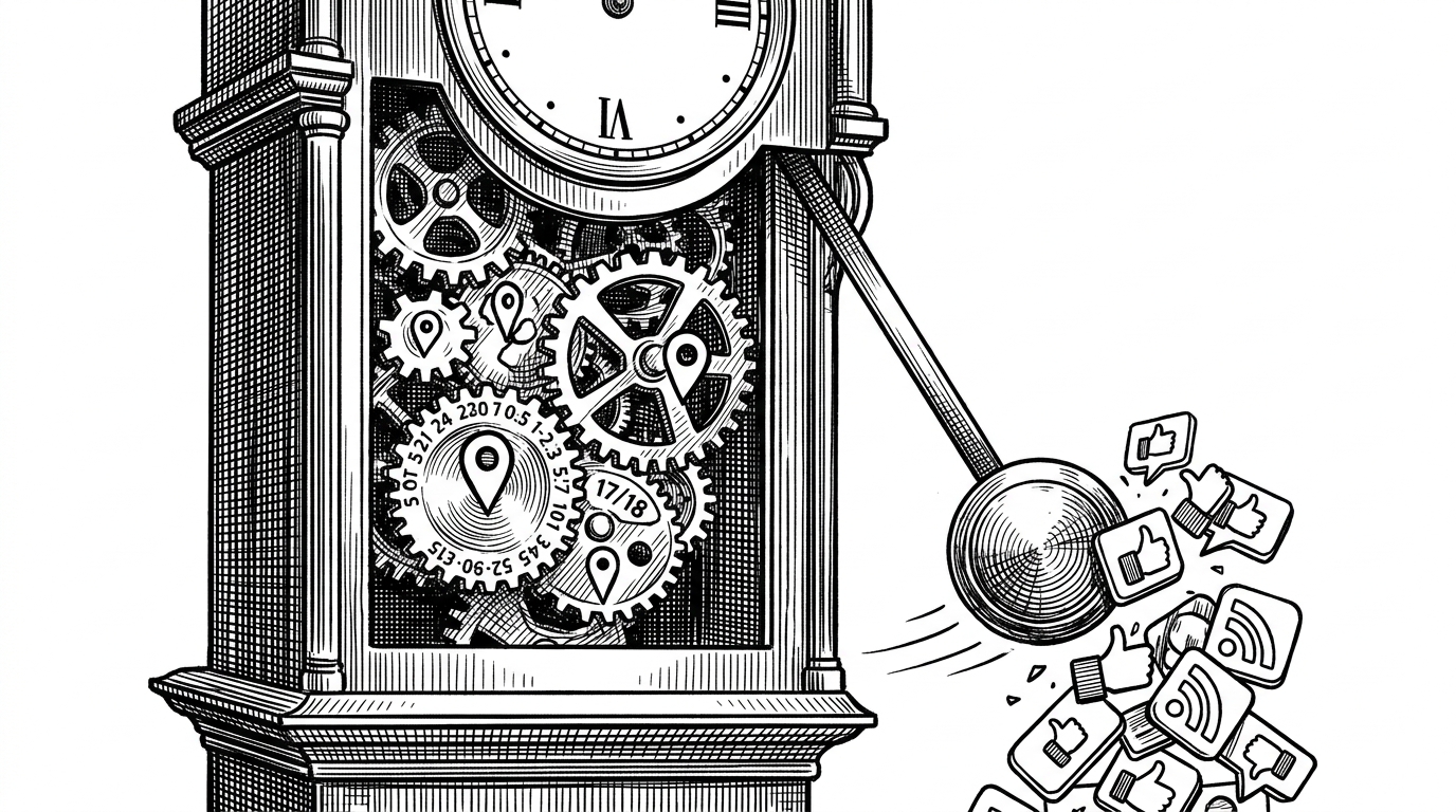 A large grandfather clock whose internal gears are stamped with location pins and date formats. The swinging pendulum is knocking away generic social media like buttons, illustrating the focus on chronology over algorithmic feeds.
