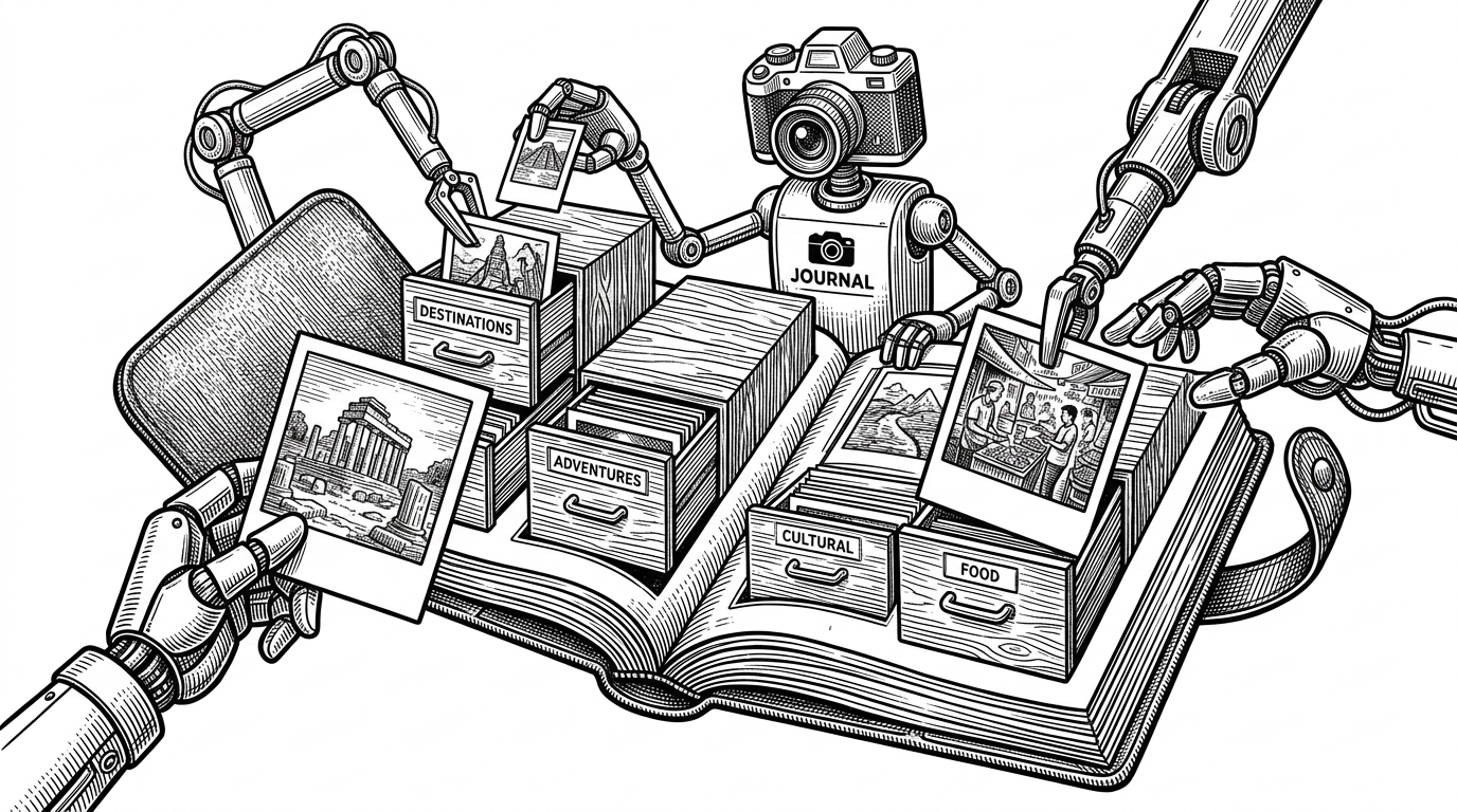 A classic leather-bound travel journal being assembled by mechanical arms, with miniature wooden filing cabinets instead of pages, into which polaroids are being slotted. This represents the self-contained, local-first memory architecture of the application.