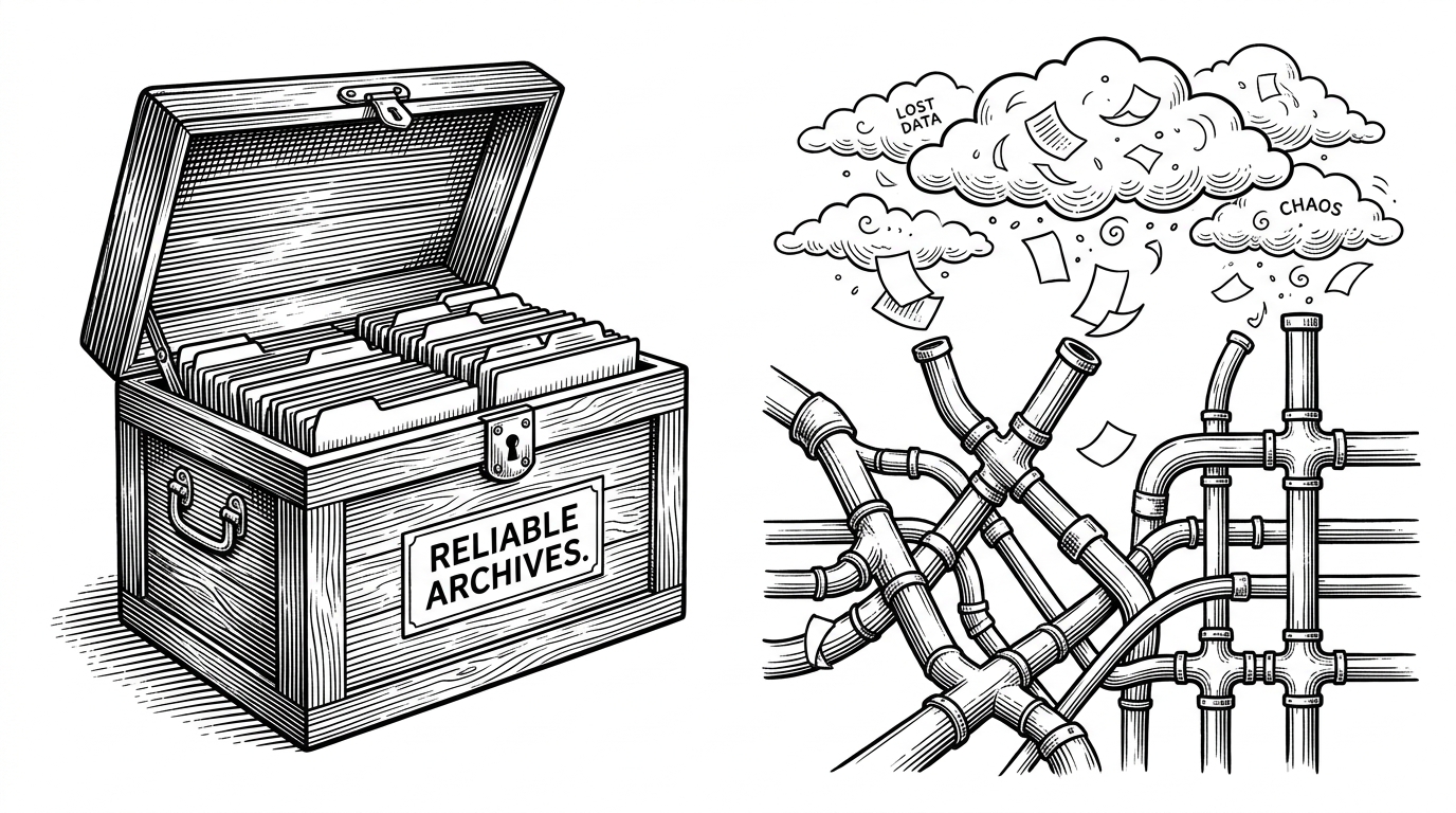 A split composition showing a sturdy wooden chest with organized files on the left, and a chaotic network of pneumatic tubes scattering papers into clouds on the right. This compares local MERN storage against distributed serverless architecture.