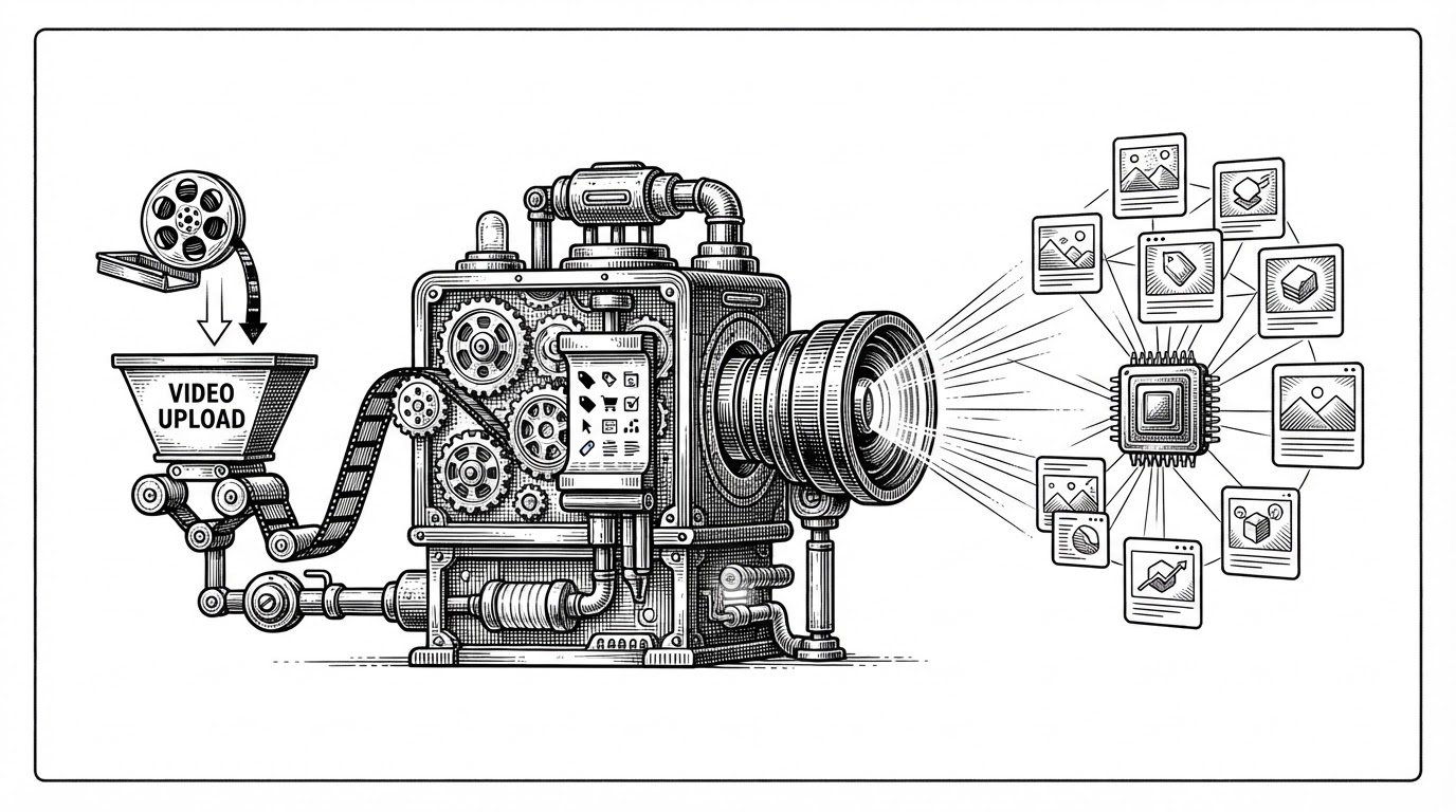 A wide editorial scene shows a video file dropping into a mechanical intake on the left, passing through engraved gears and a search lens, then surfacing as multiple content cards pulled into a semantic field on the right. The image explains that upload, enrichment, and discovery are one pipeline, not separate features.