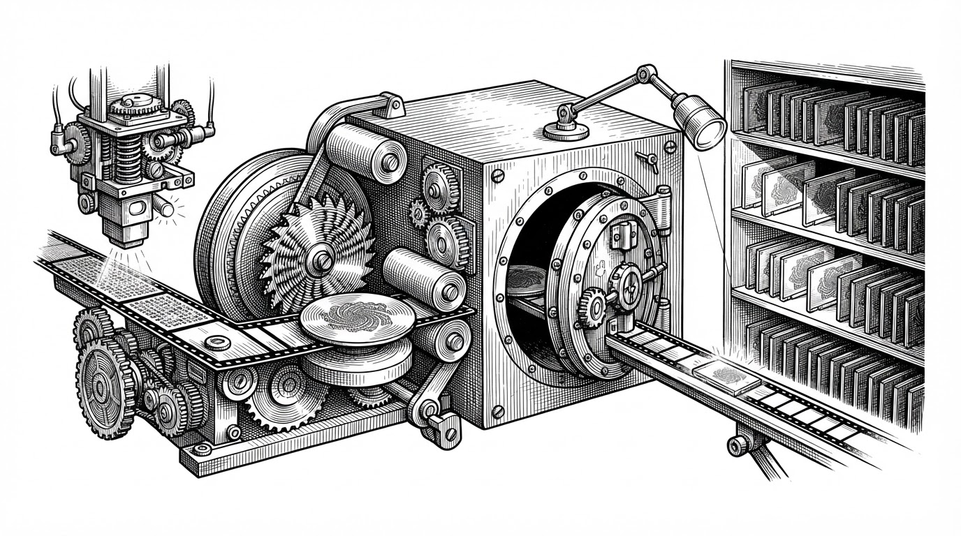 A close-up workbench scene shows a single video file moving through four engraved stations: a metadata scanner, an embedding wheel, a vault-like storage chamber, and a search beam that catches related videos on a shelf. The image explains the causal chain inside the publish flow and why enrichment directly improves discovery.