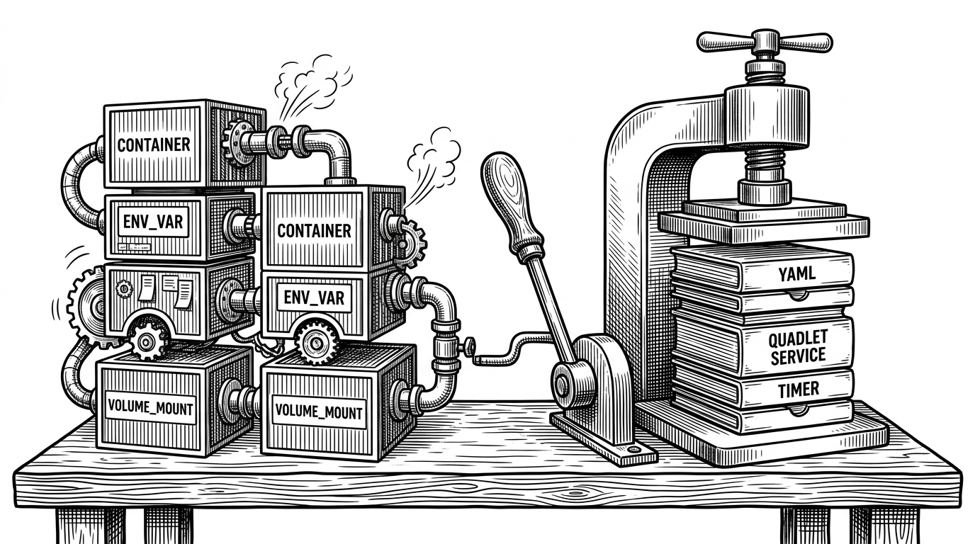 A wide black-ink editorial illustration of a running container stack on one side of a workbench and a neat set of exported artifacts on the other. The scene explains the project’s core idea: it turns live Podman state into Kubernetes YAML and Quadlet outputs instead of asking users to rebuild everything by hand.