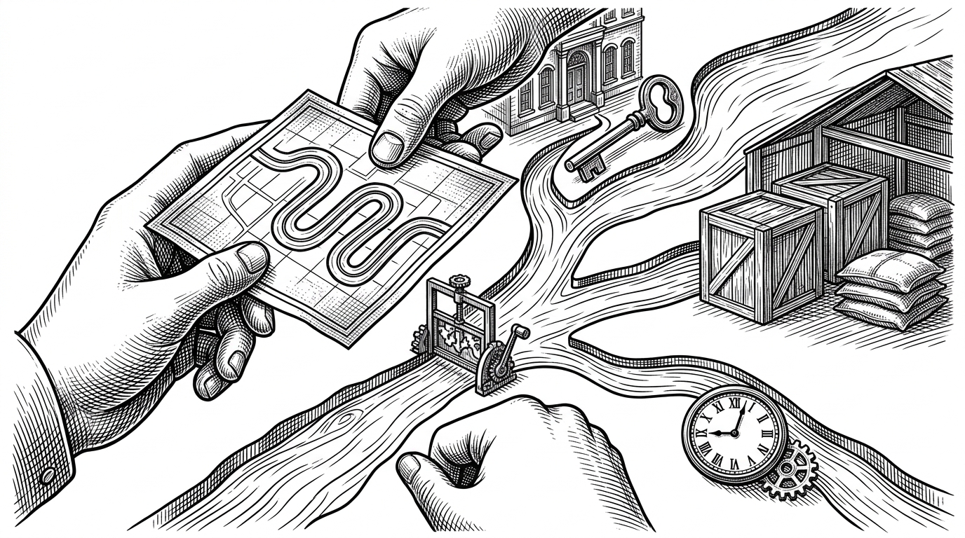 A close-up black-ink illustration of a branching mechanism where one container path splits into multiple destination channels. The scene shows how a single runtime detail can become different outputs, especially hostPath, persistent volume claims, and special handling for /etc/localtime.