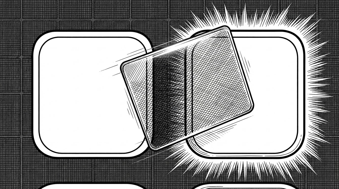 An extreme close-up editorial black ink illustration of two adjacent app tiles on a dark TV grid. A single translucent glass slab, drawn with dense crosshatching and a bright specular streak along its top edge, is caught mid-spring between the two tiles with faint motion lines trailing behind it. It shows how Clean Your TV moves one glass highlight between tiles instead of drawing a border on each.