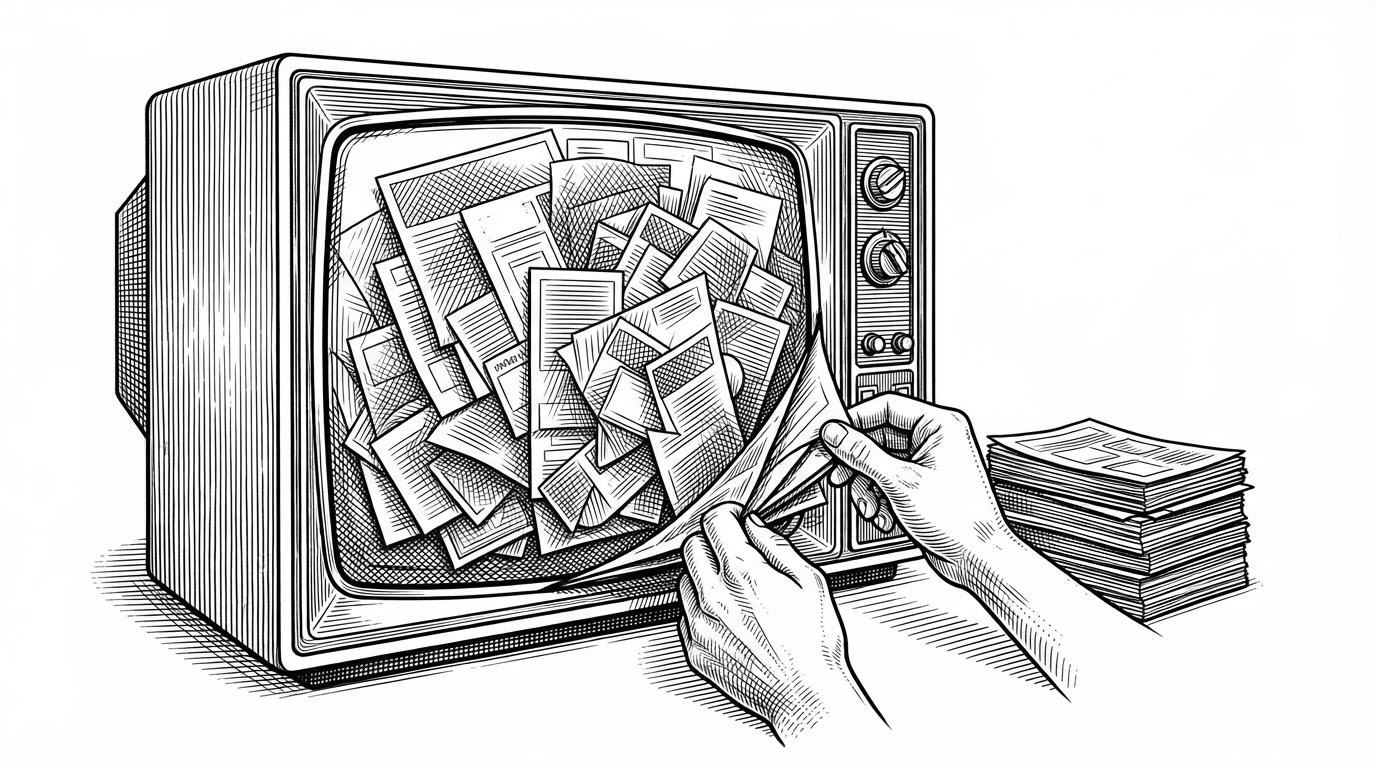 An editorial black ink illustration of a television drawn in cross section, its glass screen buried under a thick crust of advertising flyers and promo cards. Two human hands peel the flyers back from the bottom corner and stack them neatly to one side, leaving the pile intact and labeled. It illustrates how Clean Your TV strips preinstalled adware from an Android TV while keeping every package recoverable.