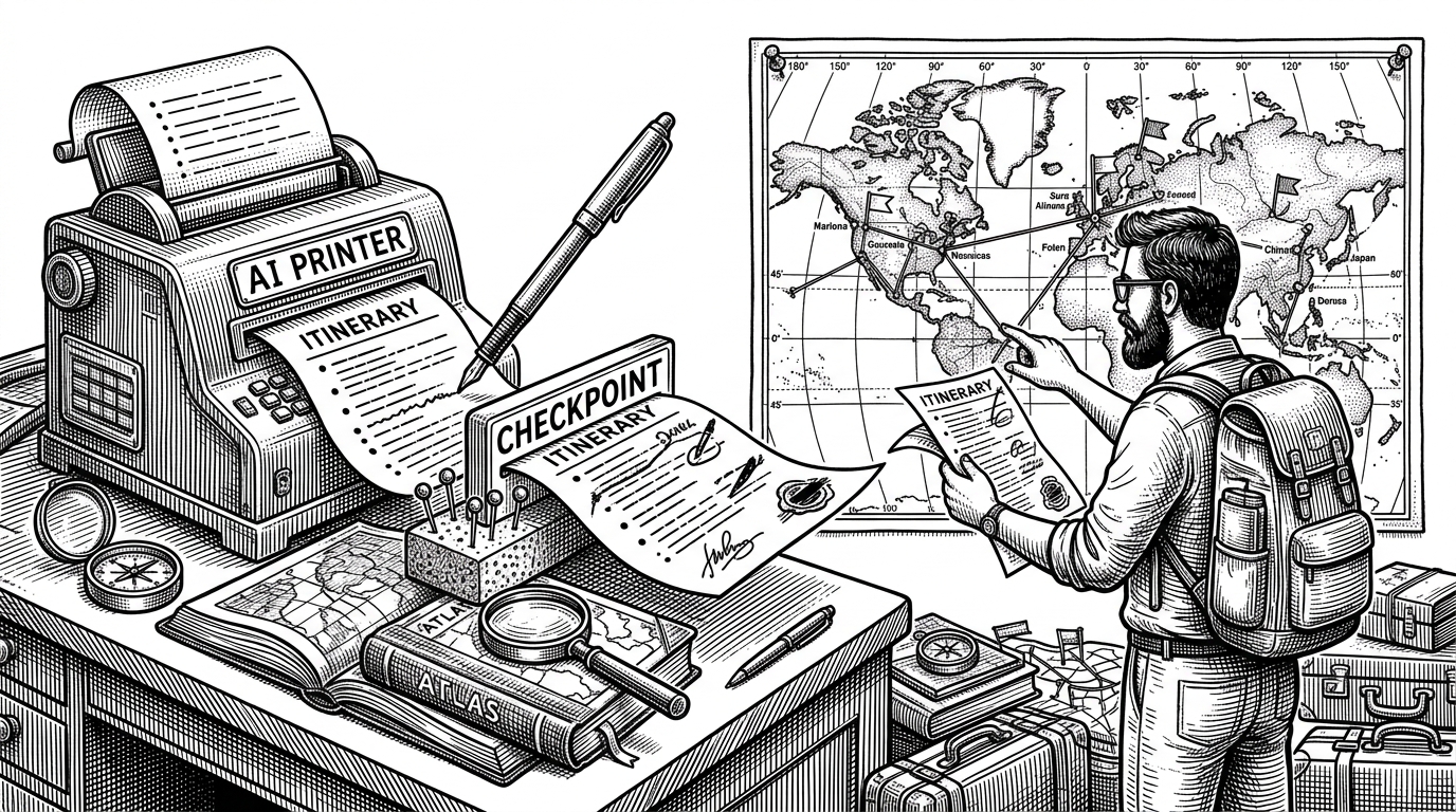 A wide editorial scene shows a traveler standing between an AI printer and a paper map checkpoint. A generated itinerary flows out of a machine on one side, then passes through a magnifying glass, stamped place markers, and a map atlas on the other side. The image explains that the app verifies AI trip plans against real geography before the user sees them.