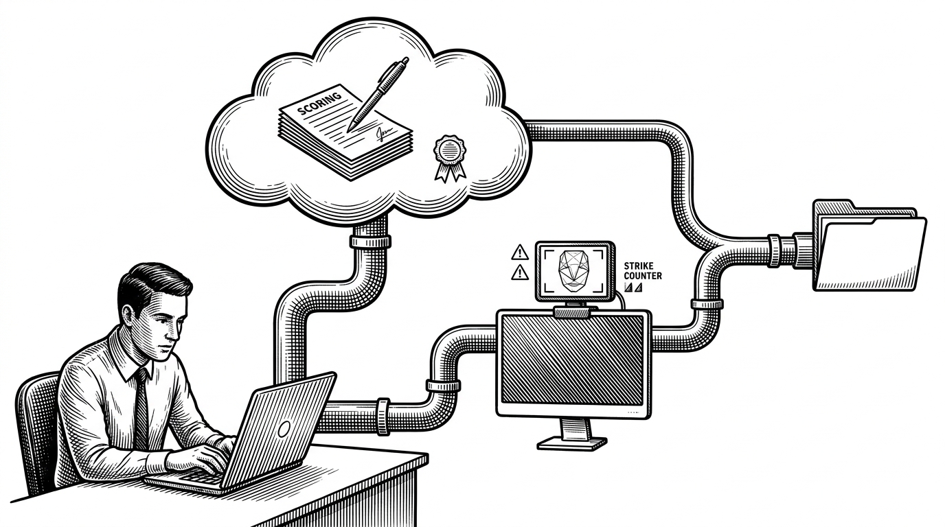 A wide editorial scene shows a candidate at a laptop while two separate pipelines branch away from the machine. One stream leads to a cloud ledger for answer grading, while another leads to a local webcam module with face tracking and warning icons. Both streams converge into a single result folder, explaining that the system judges content and conduct as separate inputs.