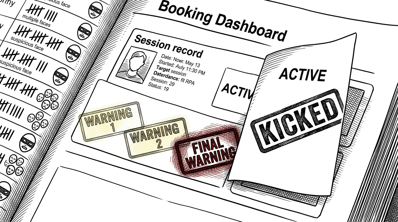 A close-up dashboard shows three warning stamps next to a booking record. The first two stamps are faded yellow, and the third is a red stamp that flips the status from active to KICKED. A nearby event log accumulates suspicious face and multiple faces entries, making the enforcement rule feel immediate.