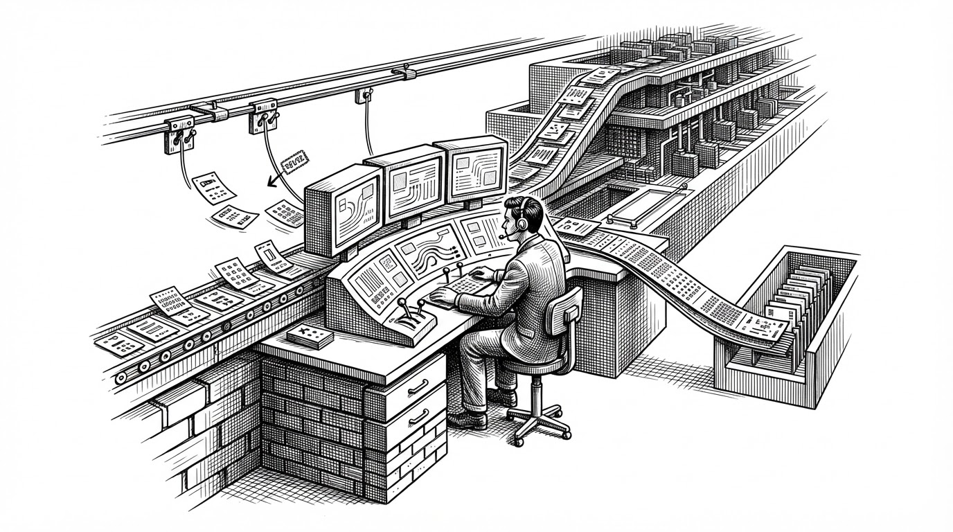 A wide editorial illustration of a tiny dispatch desk routing request cards toward stacked memory blocks, with one long request paused into a waiting bay and a repeated prompt marked for reuse. It explains that LLM serving is really a negotiation between scheduling and scarce KV cache.