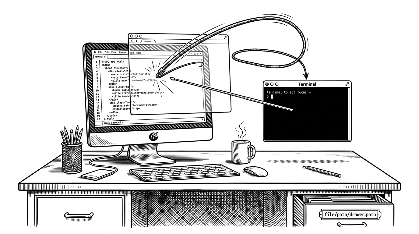 A wide editorial scene shows a terminal window on one side and a whip-like overlay arcing across a desktop on the other. The whip tip hangs at the moment before impact while the OS focus appears to snap back toward the terminal, explaining that the joke depends on control over the active window, not just the visual gag.
