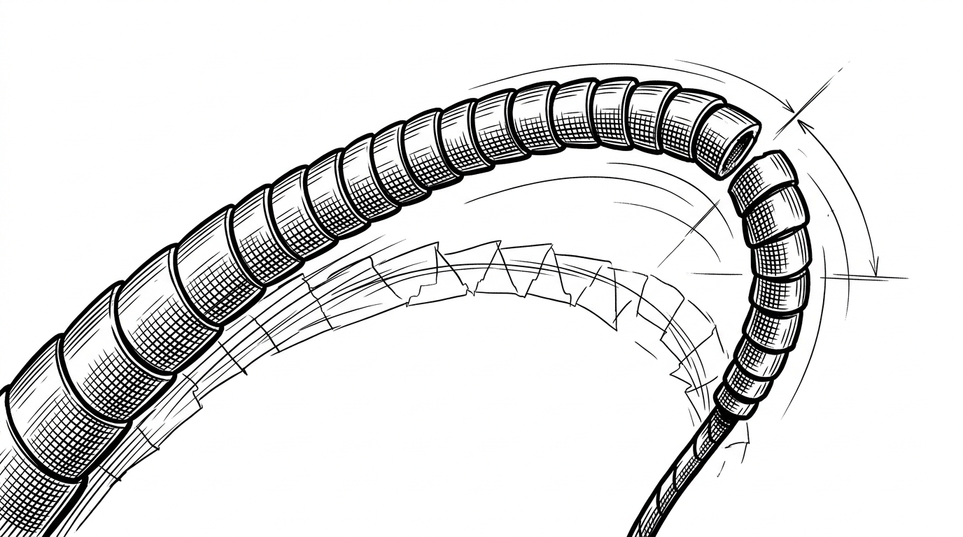 A tight close-up shows a segmented whip rendered like a mechanical chain under tension. Fine lines imply spring forces between the segments, and the final tip bends sharply where the crack threshold would trigger, making the physics engine legible as a physical object rather than a simple sprite.