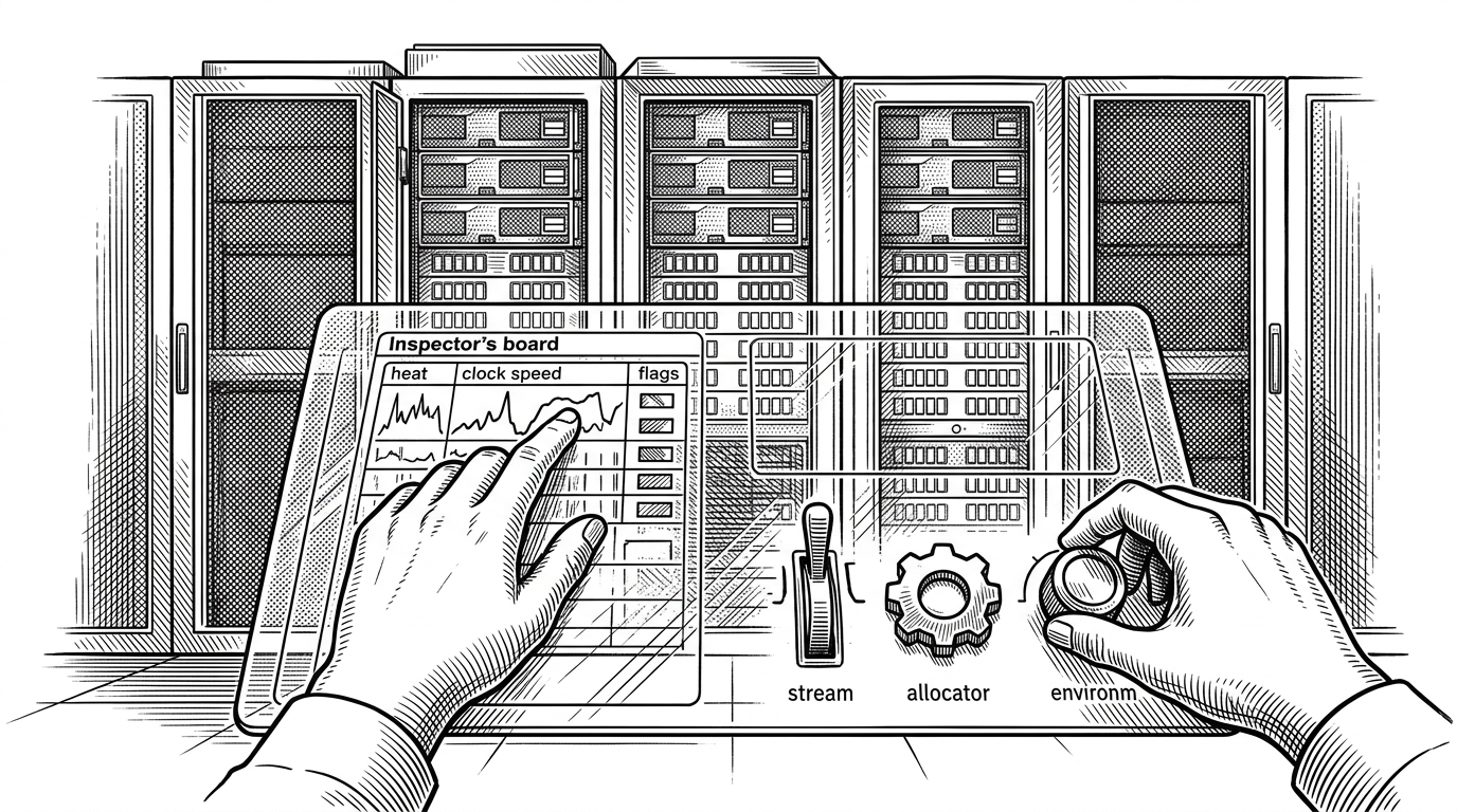 A sealed GPU machine room is shown as a black-ink editorial illustration, with a transparent inspector's board floating in front of it. Hands are tracing heat, clocks, and throttle flags while turning runtime dials that suggest stream priority, allocator policy, and environment variables. It explains the article's core idea that performance can be changed at the runtime layer without opening the workload.