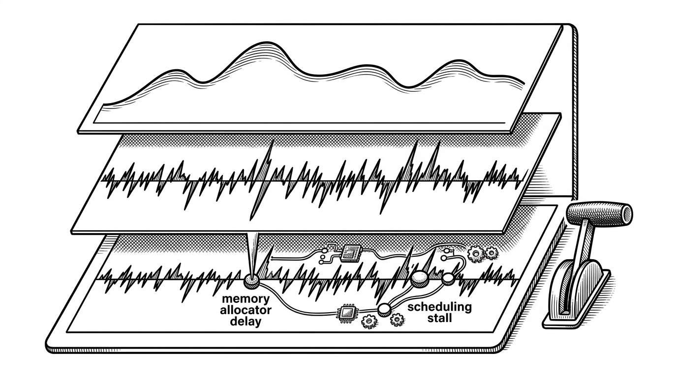 A close-up black-ink illustration shows a single GPU workload trace split into stacked layers. The top layer is a smooth expected curve, the middle layer has jagged residual spikes, and the bottom layer branches into causal links that point to allocator delays and scheduling stalls. A rollback lever sits beside the trace. It explains how telemetry, residuals, and rollback fit together.