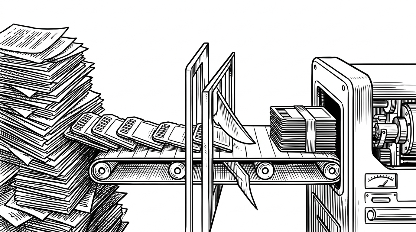 A narrow conveyor belt carries a long stream of memory cards, logs, and file edits through a pruning gate. On the left, old context piles up into a messy stack. In the middle, a blade trims the stream into a compact bundle. On the right, the bundled context feeds a focused machine that keeps running without choking.