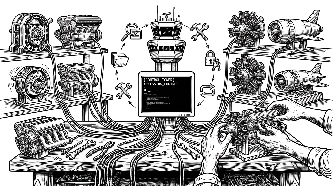 A terminal window is drawn like a control tower on a workbench, with cables running to several interchangeable model engines on nearby shelves. A mechanic’s hand is swapping one engine while the terminal stays fixed, showing that the interface remains stable even as the backend changes. Small file folders, tool icons, and a lock icon orbit the terminal to suggest workflow, action, and permission.