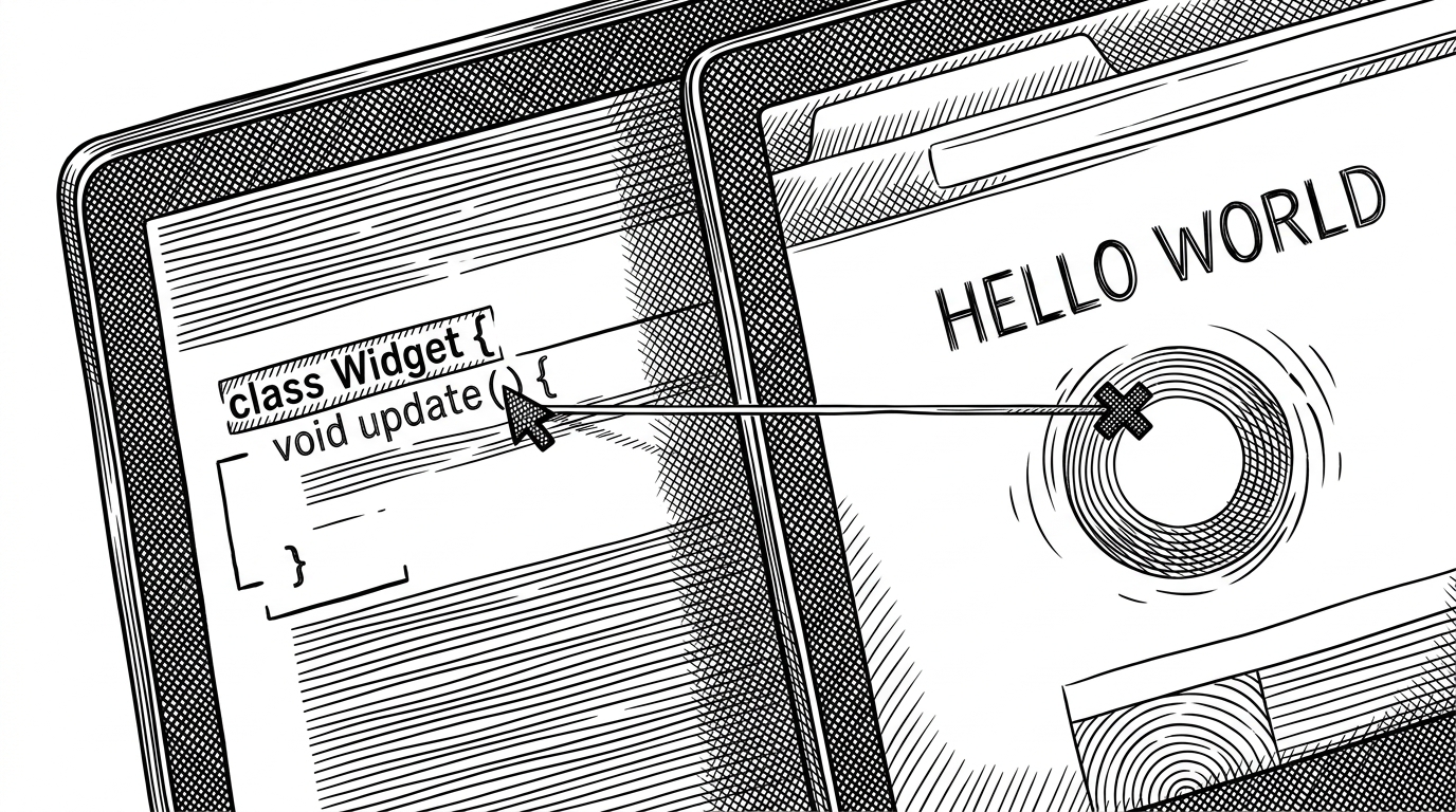 A close-up of a code editor panel on the left and a browser preview panel on the right, connected by a taut line that acts like a causal thread. The visual explains that a code change in Glass is meant to move immediately into the browser without breaking the user's flow.