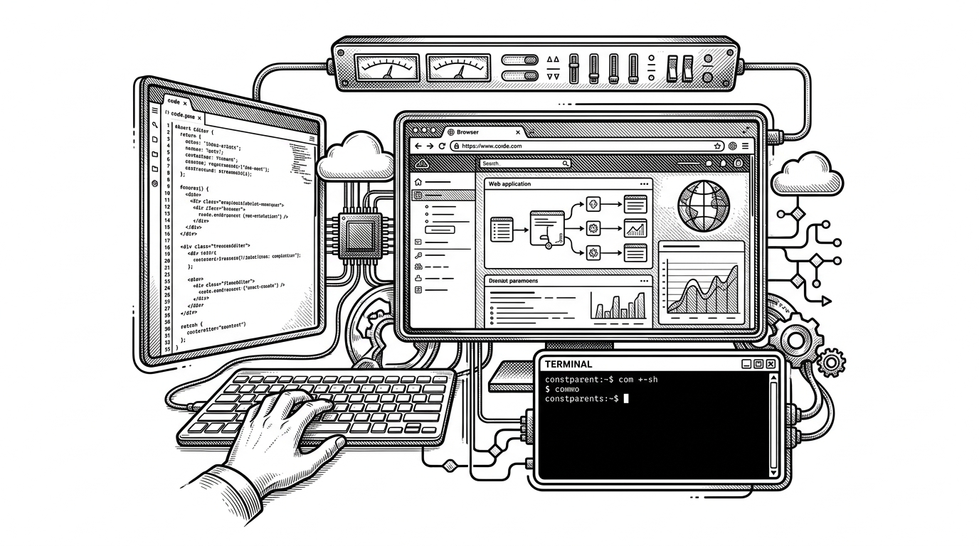A wide desk scene where browser, editor, terminal, and agent surfaces are arranged as a single console-like workspace. The browser pane sits at the center of the composition, showing that Glass treats web work as part of the same environment as code and terminal output.