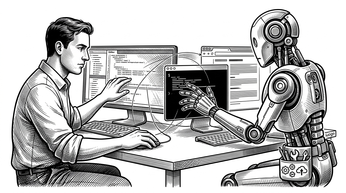 A medium shot of a person and a stylized agent sharing one workspace table. The human is working in the editor while the agent reaches into the terminal and browser panes through the same surface, showing that Glass treats AI as a participant in the environment rather than a floating chat sidebar.