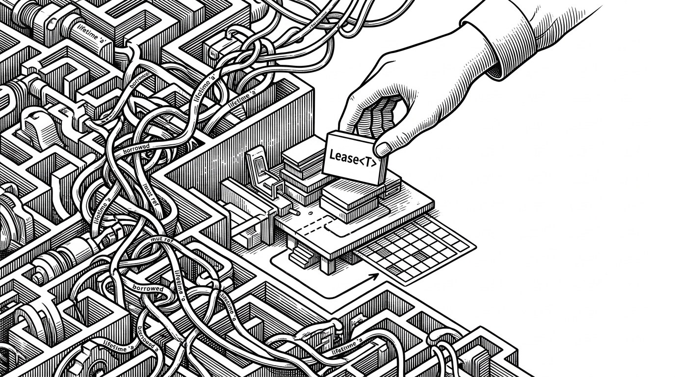A close-up mechanical scene where tangled reference paths on one side are rerouted through a temporary workbench on the other. A single entity is lifted into an exclusive lease area while surrounding parts keep moving. The image explains how GPUI sidesteps Rust lifetime complexity without freezing the whole system.