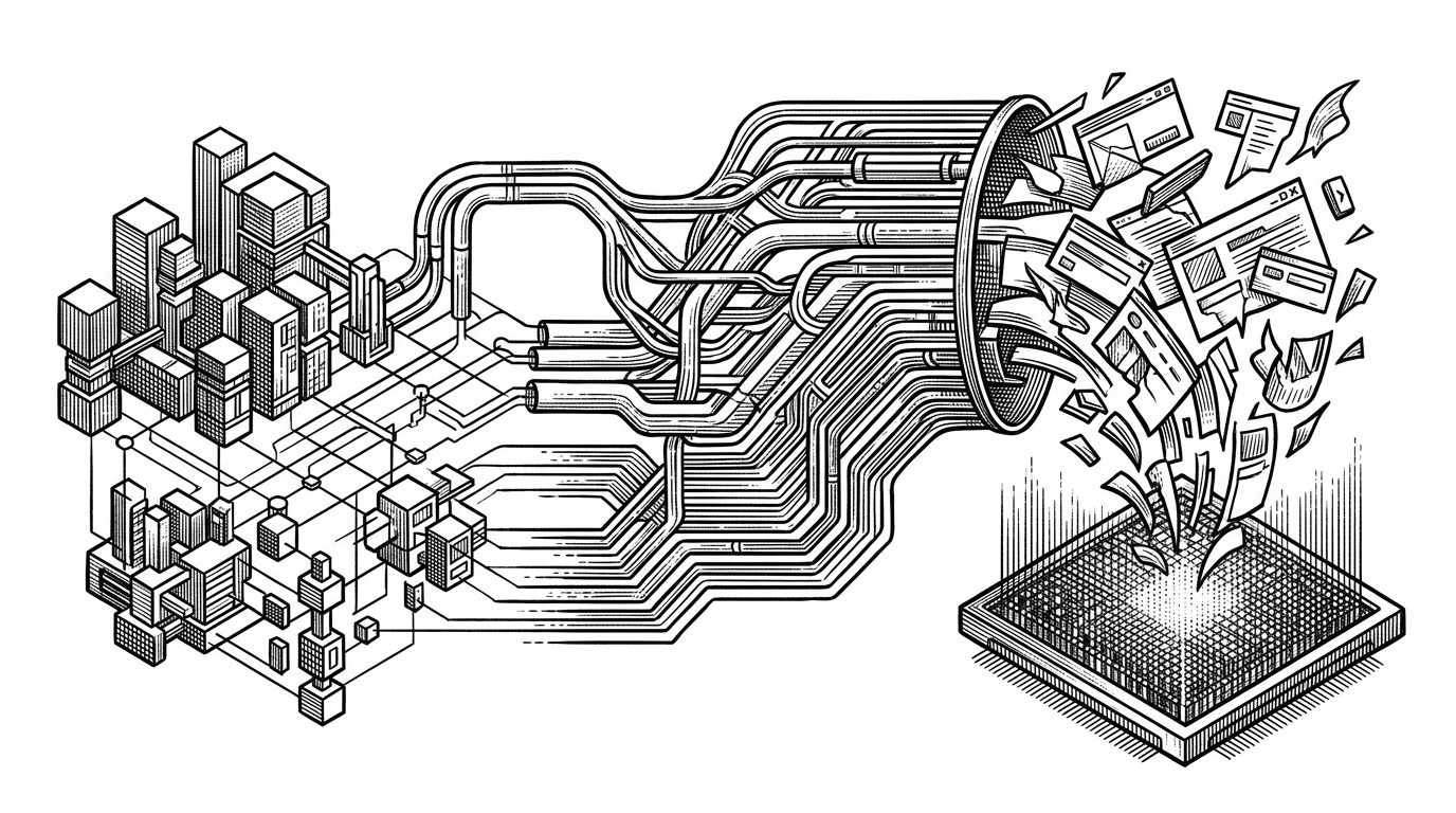 A wide schematic of a desktop application engine split into three stacked layers. Persistent entity nodes sit on the left, a middle layer routes view logic, and rendered UI fragments flow on the right into a GPU-like frame buffer. The image explains GPUI as a layered runtime rather than a plain widget library.