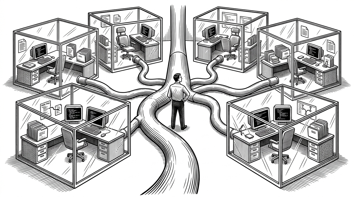 A control room with several isolated workstations, each enclosed like a glass booth and connected to one shared repo trunk. The scene explains Scion’s core idea: coordination comes from separate environments, not from a single chat thread.